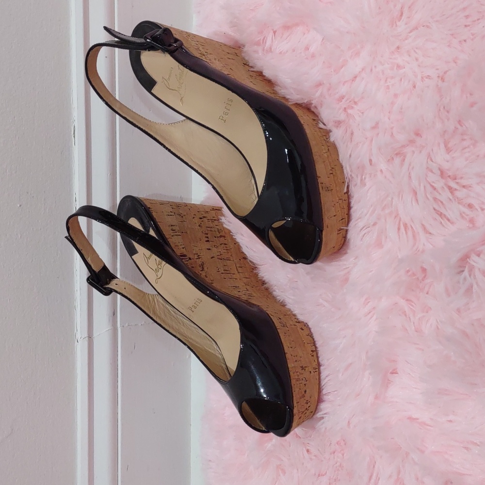 Christian Louboutin Black Patent Cork Wedge Slingback Sandals